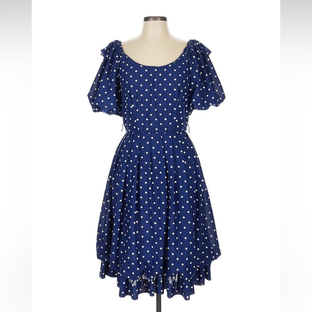 Vintage unbranded bubble hem navy blue and white polka dot dress, 13‎ or 14